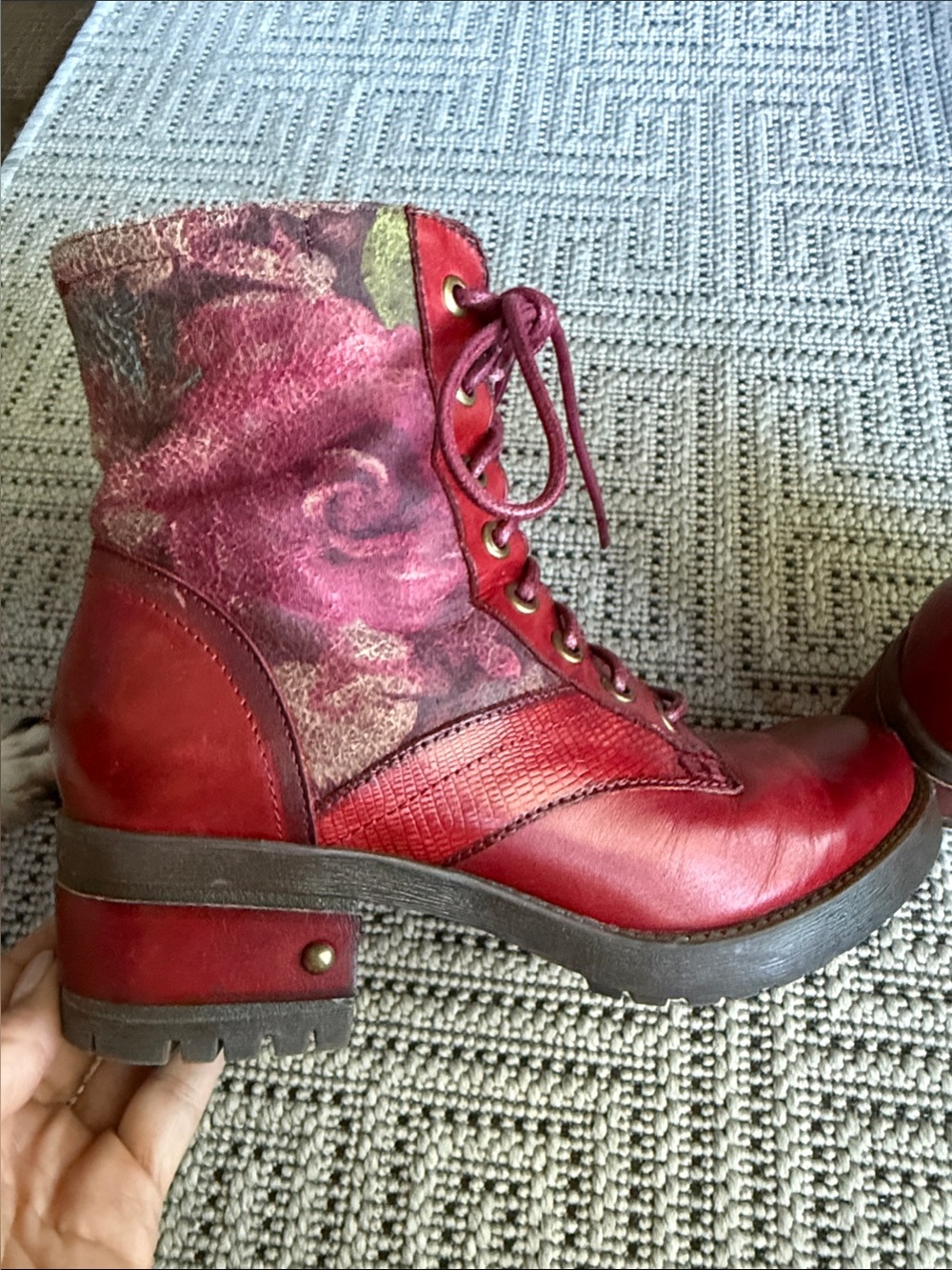 Women's Red Lace-Up Mixed-Material Ankle Boots - Picture 7 of 7